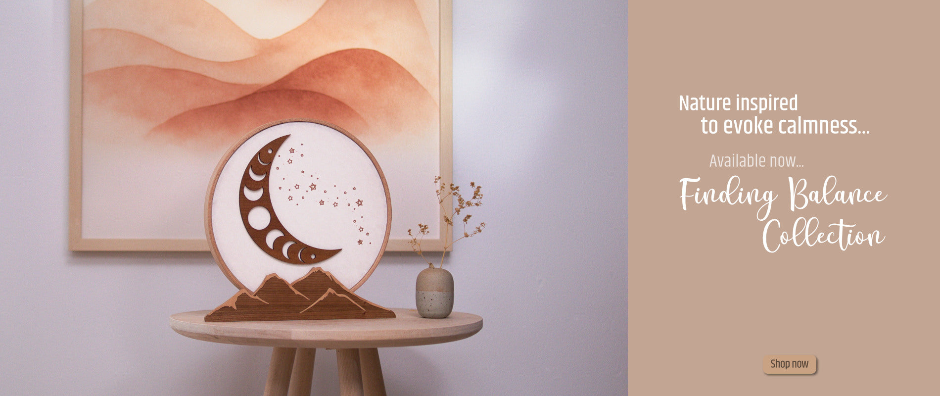 Photo of a handmade wooden table lamp, calming, nature inspired.