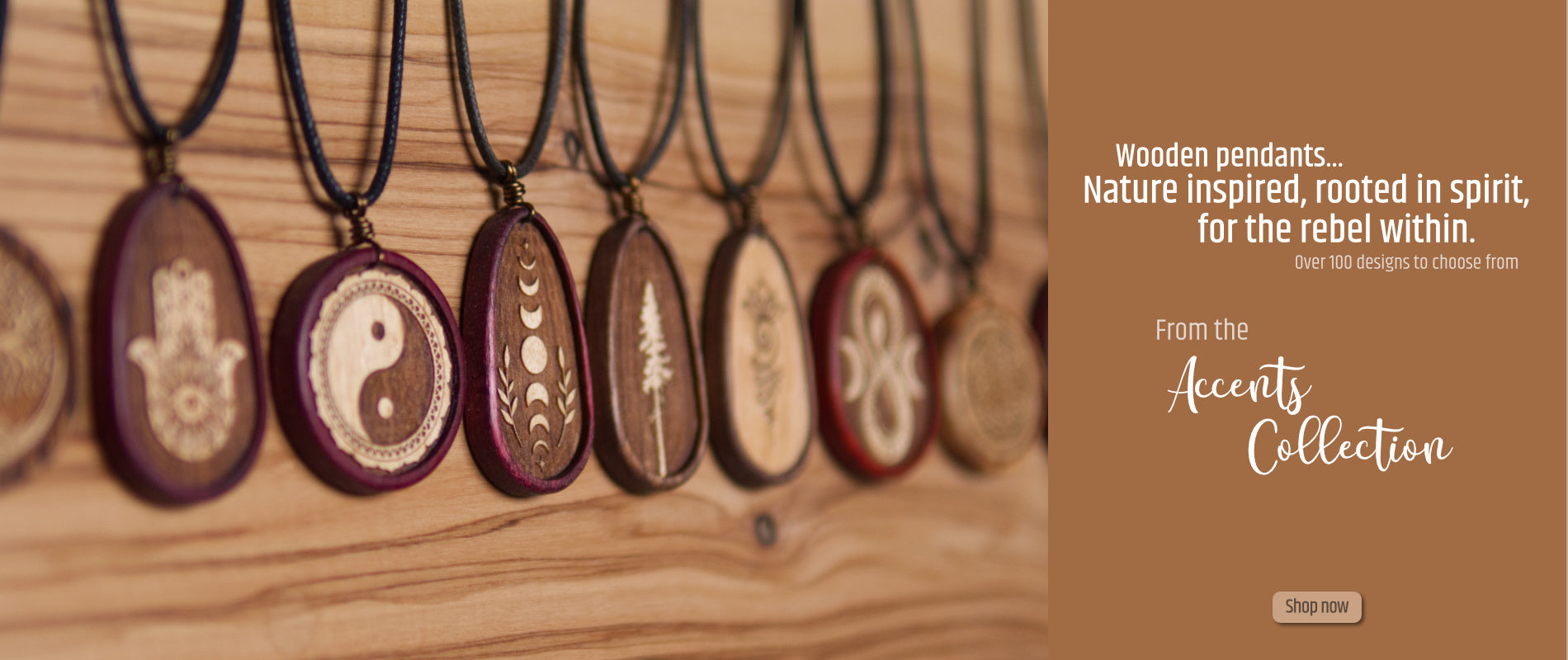 Photo of a collection of wooden pendants that have been inspired by nature, made from exotic woods.